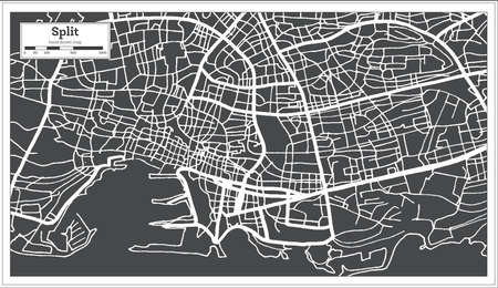 Split Croatia City Map in Black and White Color in Retro Style. Outline Map. Vector Illustration.のイラスト素材