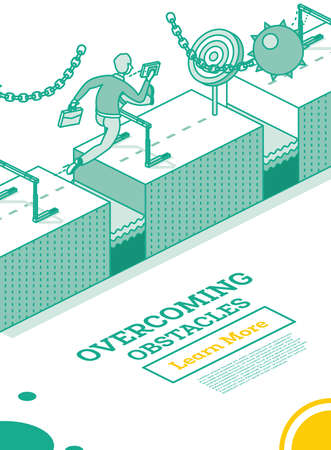Overcome Business Obstacles. Businessman Jumps over Hurdle and Dodges from Swinging Wrecking Balls. Isometric Outline Concept. Vector Illustration. Barrier on Way to Success.のイラスト素材