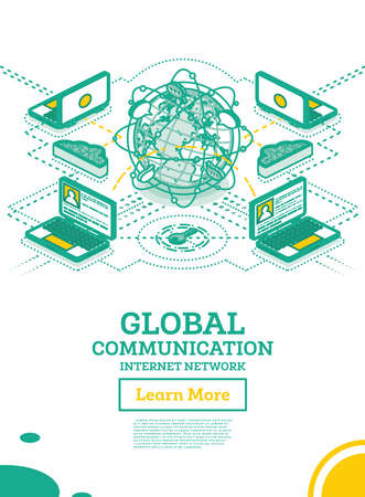 Isometric Global Communication Network with Planet Earth. Vector Illustration. Outline Concept with Globe, Laptops and Connected Lines. Network and Data Exchange Over Planet.のイラスト素材