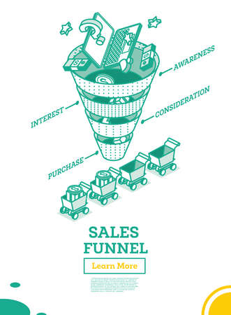Stages of a Sales Funnel. Digital Marketing Concept. Outline Design. Isolated on White Background. Business Infographics. Vector Illustration.のイラスト素材
