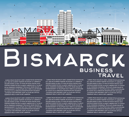Bismarck North Dakota City Skyline with Color Buildings, Blue Sky and Copy Space. Vector Illustration. Bismarck USA Cityscape with Landmarks. Travel and Tourism Concept with Modern Architecture.のイラスト素材