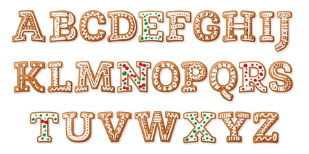 Gingerbread Alphabet Isolated on White. English Letters. Vector Illustration. Christmas Cookies. Holidays Pastry.のイラスト素材