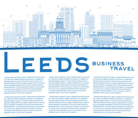 Outline Leeds UK City Skyline with Blue Buildings and Copy Space. Vector Illustration. Leeds Yorkshire Cityscape with Landmarks. Business Travel and Tourism Concept with Historic Architecture.のイラスト素材