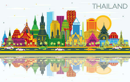 Thailand City Skyline with Color Buildings, Blue Sky and Reflections. Vector Illustration. Tourism Concept with Historic Architecture. Thailand Cityscape with Landmarks.のイラスト素材