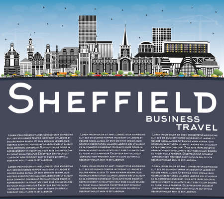 Sheffield UK City Skyline with Color Buildings, Blue Sky and Copy Space. Vector Illustration. Sheffield South Yorkshire Cityscape with Landmarks. Travel and Tourism Concept with Historic Architecture.のイラスト素材