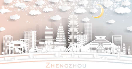 Zhengzhou China City Skyline in Paper Cut Style with White Buildings, Moon and Neon Garland. Vector Illustration. Travel and Tourism Concept. Zhengzhou Cityscape with Landmarks.のイラスト素材
