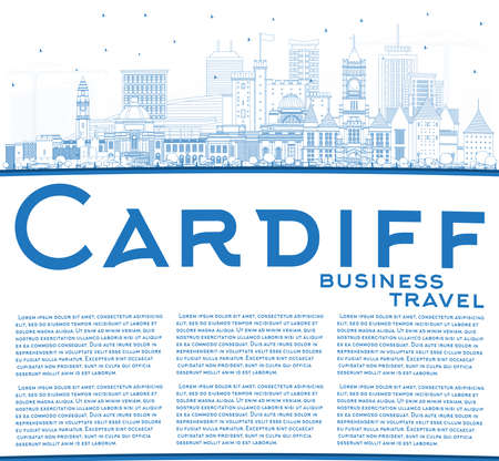Outline Cardiff Wales City Skyline with Blue Buildings and Copy Space. Vector Illustration. Cardiff UK Cityscape with Landmarks. Business Travel and Tourism Concept with Historic Architecture.のイラスト素材