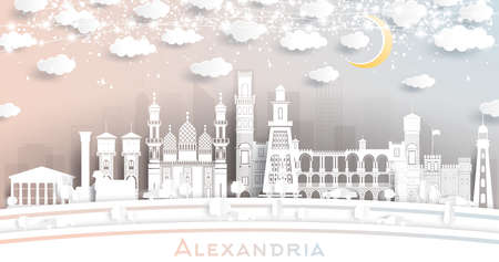 Alexandria Egypt City Skyline in Paper Cut Style with White Buildings, Moon and Neon Garland. Vector Illustration. Travel and Tourism Concept. Alexandria Cityscape with Landmarks.のイラスト素材