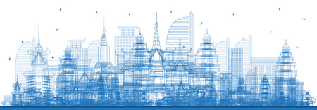 Outline Phnom Penh Cambodia City Skyline with Blue Buildings. Vector Illustration. Business Travel and Tourism Concept with Historic Architecture. Phnom Penh Cityscape with Landmarks.のイラスト素材