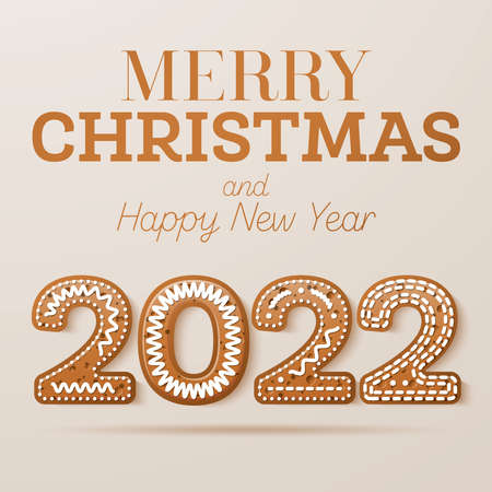 Christmas Greeting Card with Glazed Text in Cookie Style. Happy New Year 2022 with Gingerbread Numbers. Vector Illustration.のイラスト素材