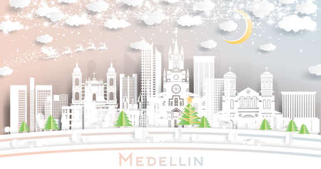 Medellin Colombia City Skyline in Paper Cut Style with Snowflakes, Moon and Neon Garland. Vector Illustration. Christmas and New Year Concept. Santa Claus on Sleigh. Medellin Cityscape with Landmarks.のイラスト素材