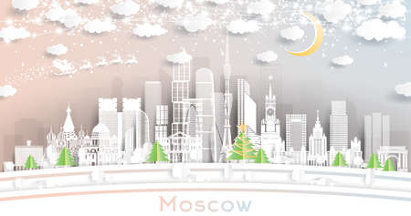 Moscow Russia City Skyline in Paper Cut Style with Snowflakes, Moon and Neon Garland. Vector Illustration. Christmas and New Year Concept. Santa Claus on Sleigh. Moscow Cityscape with Landmarks.のイラスト素材