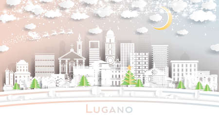 Lugano Switzerland City Skyline in Paper Cut Style with Snowflakes, Moon and Neon Garland. Vector Illustration. Christmas and New Year Concept. Santa Claus on Sleigh. Lugano Cityscape and Landmarks.のイラスト素材