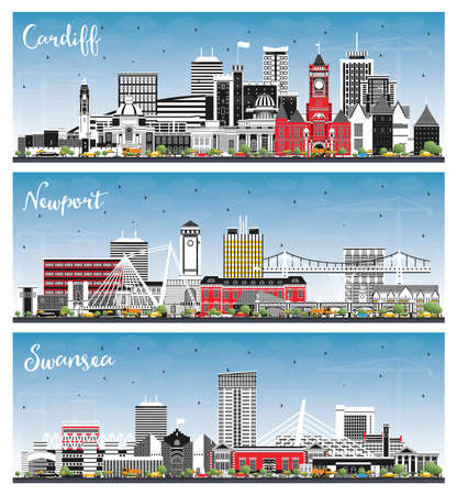 Newport, Swansea and Cardiff Wales City Skyline Set with Color Buildings and Blue Sky. UK Cityscape with Landmarks. Business Travel and Tourism Concept.の写真素材