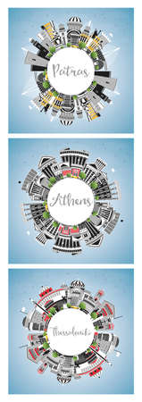 Athens, Patras and Thessaloniki Greece City Skyline Set with Color Buildings, Blue Sky and Copy Space. Travel and Tourism Concept with Historic and Modern Architecture.の写真素材