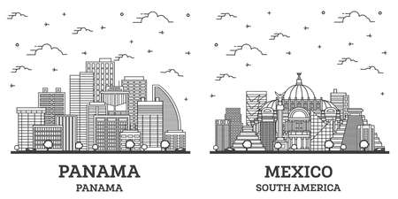 Outline Mexico and Panama City Skyline Set with Modern Buildings Isolated on White. Cityscape with Landmarks.の写真素材