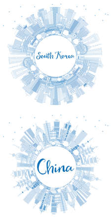 Outline China and South Korea City Skyline Set with Blue Buildings and Copy Space. Business Travel and Tourism Concept with Historic Architecture. Cityscape with Landmarks.の写真素材