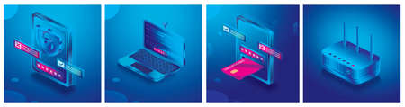 Laptop with Camera. Tablet Computer. Safe E-payments on Smartphone. Isometric Concept with Credit Card and Tablet Computer. Financial App in Neon Colors. Processed Payment. Network Router.の写真素材