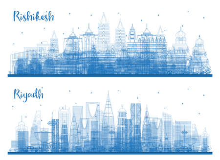 Outline Riyadh Saudi Arabia and Rishikesh India City Skyline Set with Blue Buildings. Business Travel and Tourism Concept with Historic Architecture. Cityscape with Landmarks.の写真素材