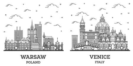 Outline Venice Italy and Warsaw Poland City Skyline Set with Modern Buildings Isolated on White. Cityscape with Landmarks.の写真素材