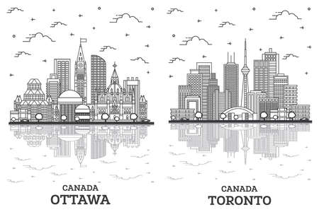 Outline Toronto and Ottawa Canada City Skyline Set with Modern Buildings and Reflections Isolated on White. Cityscape with Landmarks.の写真素材