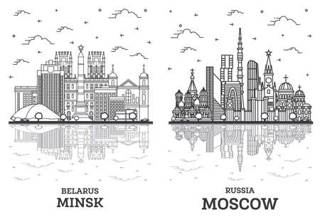 Outline Moscow Russia and Minsk Belarus City Skyline Set with Modern Buildings and Reflections Isolated on White. Cityscape with Landmarks.の写真素材