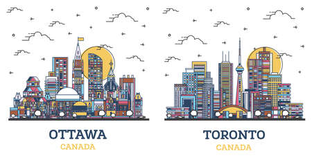 Outline Toronto and Ottawa Canada City Skyline Set with Colored Modern Buildings Isolated on White. Cityscape with Landmarks.の写真素材