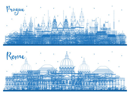 Outline Rome Italy and Prague Czech Republic City Skyline Set with Blue Buildings. Business Travel and Tourism Concept with Historic Architecture. Cityscape with Landmarks.の写真素材