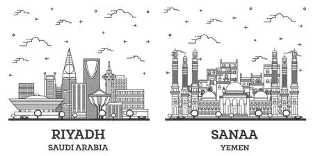 Outline Sanaa Yemen and Riyadh Saudi Arabia City Skyline Set with Modern Buildings Isolated on White. Cityscape with Landmarks.の写真素材
