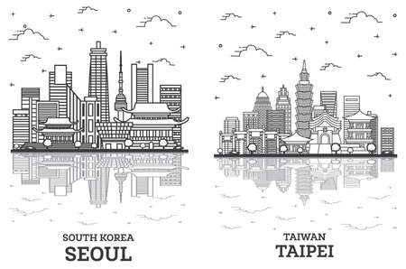 Outline Taipei Taiwan and Seoul South Korea City Skyline Set with Modern Buildings and Reflections Isolated on White. Cityscape with Landmarks.の写真素材