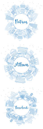 Outline Athens, Thessaloniki and Patras Greece City Skyline Set with Blue Buildings and Copy Space. Travel and Tourism Concept with Historic and Modern Architecture.の写真素材
