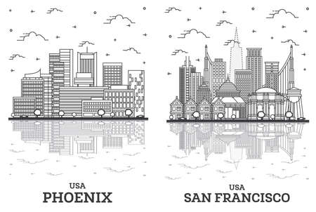 Outline San Francisco California and Phoenix Arizona USA City Skyline Set with Modern Buildings and Reflections Isolated on White. Cityscape with Landmarks.の写真素材