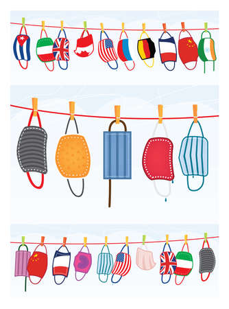 Washed Protective Face Masks Hanging on a Line. Drying Laundered Reusable Masks with Flags of Different Countries.の写真素材