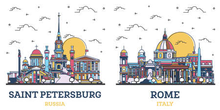 Outline Rome Italy and Saint Petersburg Russia City Skyline Set with Colored Historic Buildings Isolated on White. Cityscape with Landmarks.の写真素材