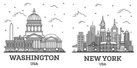 Outline New York and Washington DC USA City Skyline Set with Modern Buildings Isolated on White. Cityscape with Landmarks.の写真素材