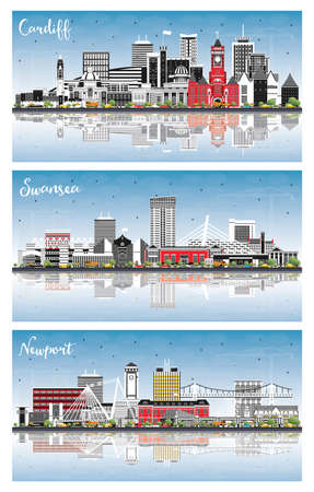 Swansea, Newport and Cardiff Wales City Skyline Set with Color Buildings, Blue Sky and Reflections. UK Cityscape with Landmarks. Business Travel and Tourism Concept.の写真素材