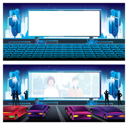Outdoor Cinema in City. Large Bright Screen in front of Empty Chairs. Car Cinema. Large Bright Screen with Movie Scene. Parked Cars.の写真素材