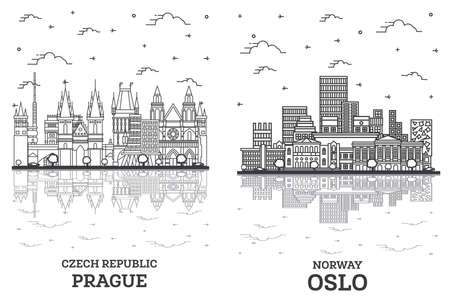 Outline Oslo Norway and Prague Czech Republic City Skyline Set with Historic Buildings and Reflections Isolated on White. Cityscape with Landmarks.の素材 [FY310174467741]