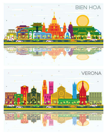 Verona Italy and Bien Hoa Vietnam City Skyline Set with Color Buildings, Blue Sky and Reflections. Business Travel and Tourism Concept with Historic Architecture.の写真素材