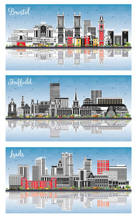 Sheffield, Leeds and Bristol UK City Skyline Set with Color Buildings, Blue Sky and Reflections. Cityscape with Landmarks.の写真素材