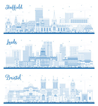 Outline Leeds, Bristol and Sheffield UK City Skyline Set with Blue Buildings. Cityscape with Landmarks. Business Travel and Tourism Concept.の写真素材