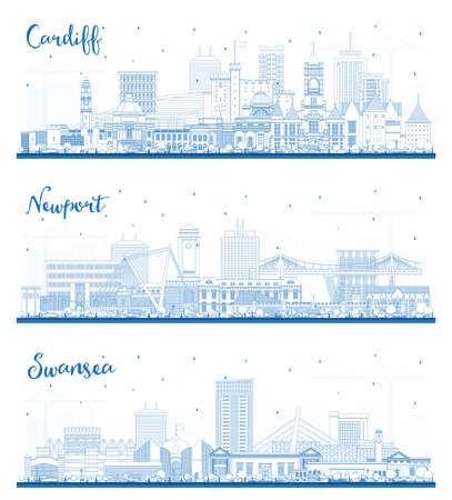 Outline Newport, Swansea and Cardiff Wales City Skyline Set with Blue Buildings. UK Cityscape with Landmarks. Business Travel and Tourism Concept.の写真素材