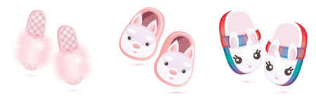 Pair of Fashion Pink Fur, Soft Home Slippers with Rabbits and Cute Children's Slippers in the Form of a Unicorn Isolated on White. Luxury Women's Shoes.の写真素材