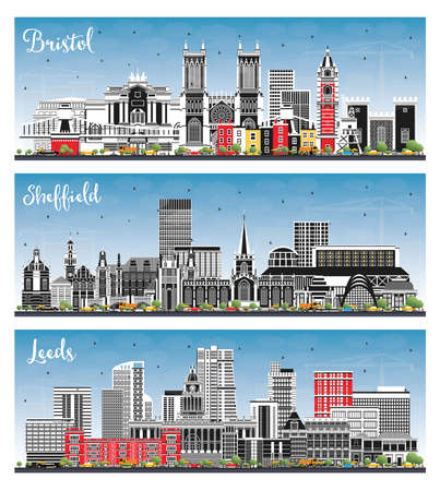 Sheffield, Leeds and Bristol UK City Skyline Set with Color Buildings and Blue Sky. Cityscape with Landmarks. Business Travel and Tourism Concept.の写真素材