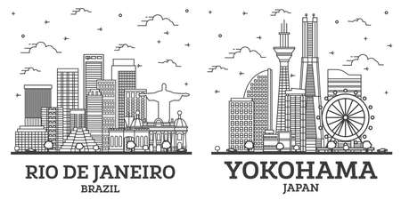 Outline Yokohama Japan and Rio de Janeiro Brazil City Skyline Set with Modern Buildings Isolated on White. Cityscape with Landmarks.の写真素材