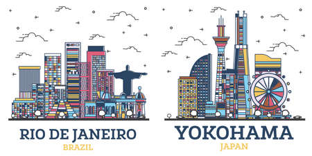 Outline Yokohama Japan and Rio de Janeiro Brazil City Skyline Set with Colored Modern Buildings Isolated on White. Cityscape with Landmarks.の写真素材