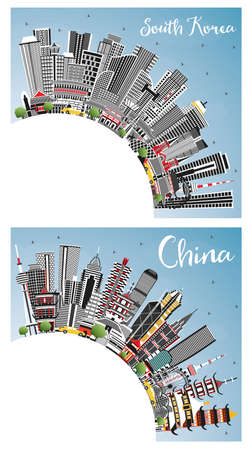 China and South Korea City Skyline Set with Gray Buildings, Blue Sky and Copy Space. Tourism Concept with Historic Architecture. Cityscape with Landmarks. Seoul.の写真素材