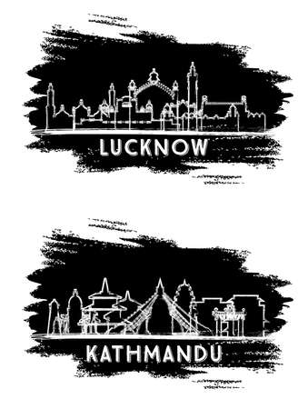 Lucknow India and Kathmandu Nepal City Skyline Silhouette Set. Hand Drawn Sketch. Business Travel and Tourism Concept with Historic Architecture. Cityscape with Landmarks.の写真素材