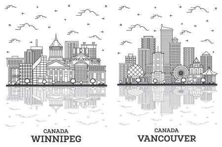 Outline Vancouver and Winnipeg Canada City Skyline Set with Modern Buildings and Reflections Isolated on White. Cityscape with Landmarks.の写真素材