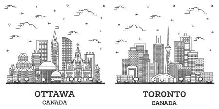 Outline Toronto and Ottawa Canada City Skyline Set with Modern Buildings Isolated on White. Cityscape with Landmarks.の写真素材